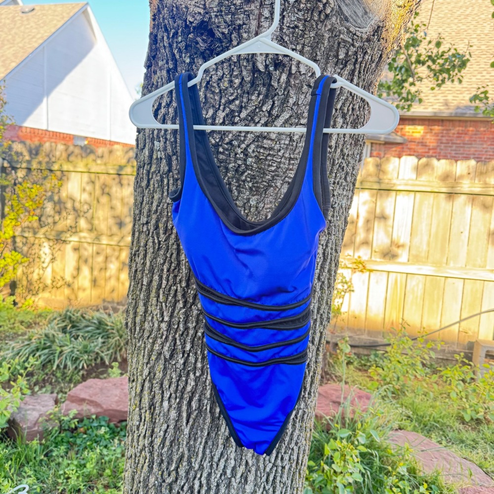 INC International Concepts Womens Blue Black Cut Out One Piece Swimsuit Size 10